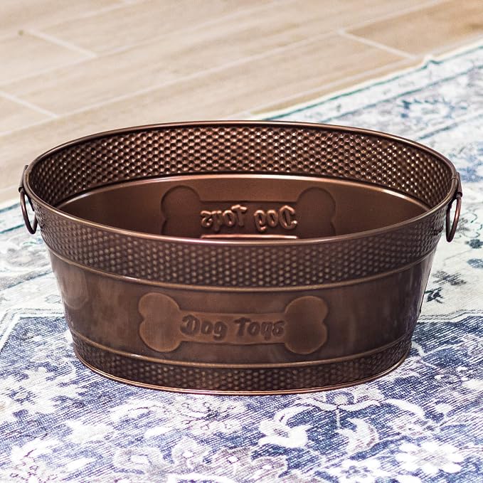 BREKX Copper Metal Pet Storage & Dog Toy Bin w/ Handles, Indestructible | Dog Toy Box • Galvanized Steel • Organizes Toys, Blankets & Leashes • Farmhouse Style