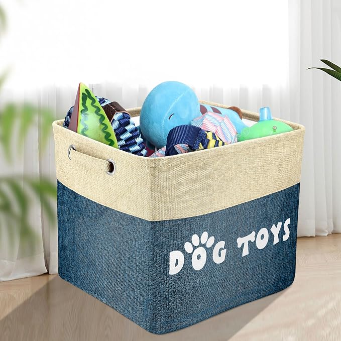 PET ARTIST Dog Toy Basket, Large Collapsible, Navy Blue, L:15"x13"x12" | Dog Toy Bin Box, Comfortable Handles, Large Pet Toy Storage Organizer, For Accessories, Toys, Coat & Clothing, Blanket Leash