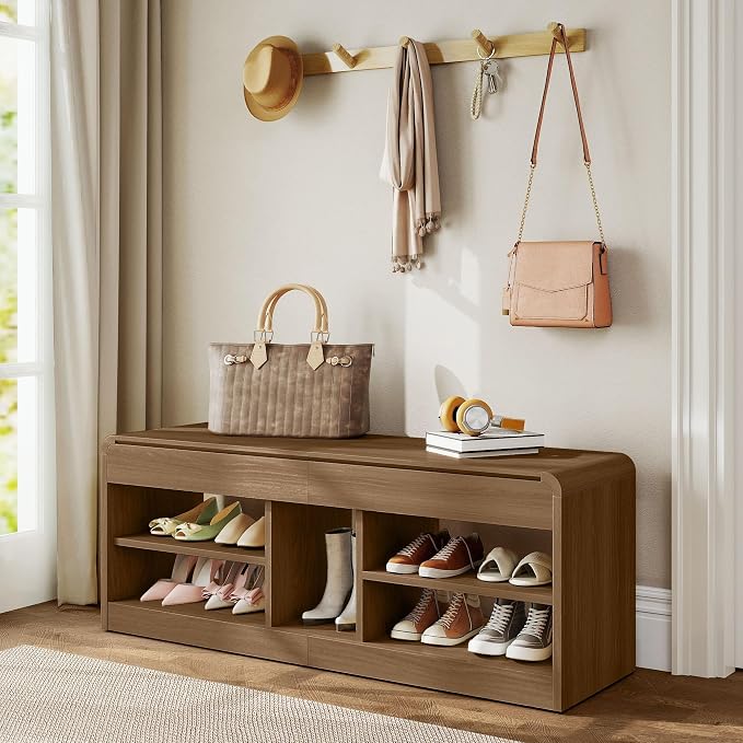 Shoe Storage Bench with Flip-Open Box & Shelf, Walnut | 47.2in Bench Fits Hallways, Bedrooms And Living Room, With Sturdy Wood Construction For Daily Use