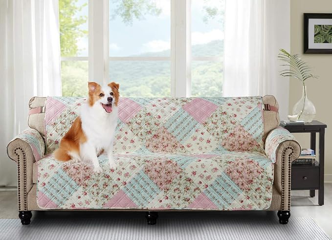 Brilliant Sunshine Pink and Green Rose Patchwork Couch Cover, Quilted Large Sofa Slipcover, 70" Seat width, Slip Resistant Furniture Protector, 2" Strap, Washable Couch Cover for Dogs, Kids,Pink Green | Quilted Sofa Cover, Living Room & Bedroom Furnitu...