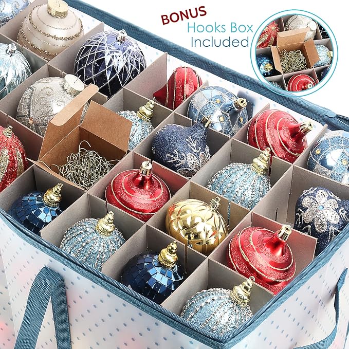 Large Christmas Ornament Storage Box With Adjustable Dividers - Plastic Ornament Storage Container For 128 Holiday Ornaments or Decorations - By Hearth & Harbor