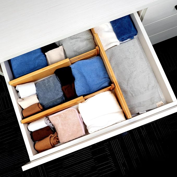 Utoplike Bamboo Drawer Organizer, 4" H Dresser Drawers Dividers for Clothes | Adjustable Drawers Organizers for Clothing, Silverware, in Kitchen, Bathroom, Bedroom Drawer, Fit 14"-16" Drawers