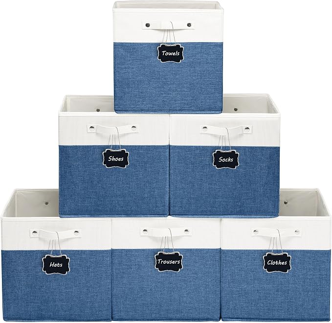 FinishingBo 13 inch Cube Storage Bins with Handles 6 Pack | Foldable Linen Storage Baskets, Closet Organizers, Shelf Baskets, White Blue