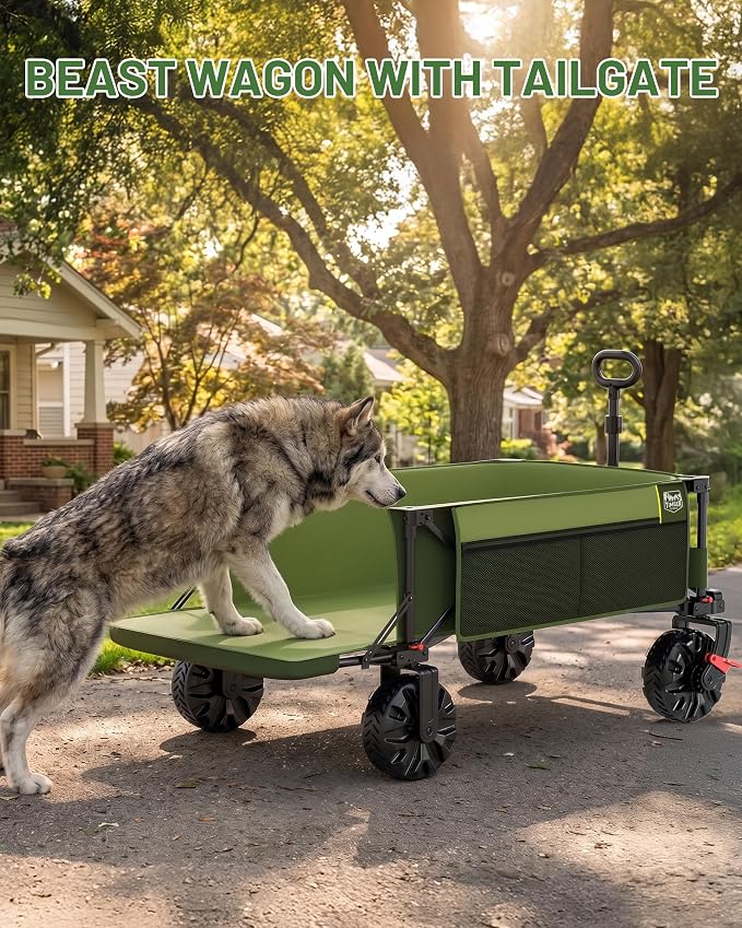 TIMBER RIDGE 600L Beast Wagon 26" W Extra Wide All Terrain Folding w/Big Wheels, Cargo Net & Tailgate, 400lbs Heavy Duty Portable Cart 54.5" L Large Collapsible Wagons for Camping, Sports, Dogs, Green