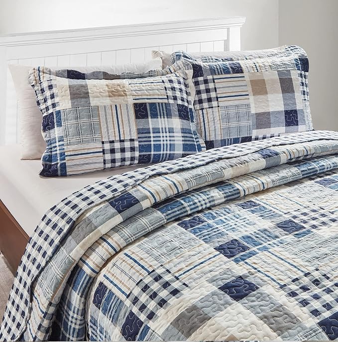 Brilliant Sunshine Multi Blue Plaids & Stripes Pillowshams Set, 20"x26"+2" | Patchwork Design, Quilted Standard Pillowcases, Washable Scallop Edge Pillow Covers, Pack of 2