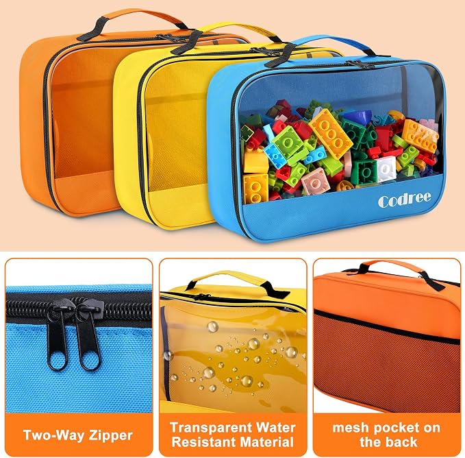 6 Pack Large Oxford Cloth Toy Storage Bags, Waterproof Travel Toy Storage | 13 x 8.5 x 3.9 Inch Visible Organizer Pouch with Zipper for Building Blocks Small Toys