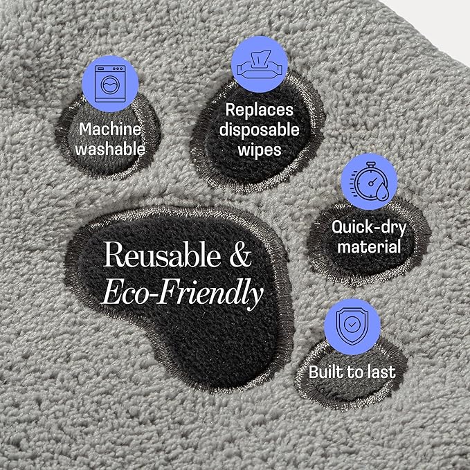Muddi Mitt Microfiber Reusable Pet Wipes Grooming Towel Glove | Machine-Washable, Soft, Double-Sided Bath Mitt Replaces Wipes | with Self Cleaning Deshedding Grooming Brush | Dogs & Cats (Kit)