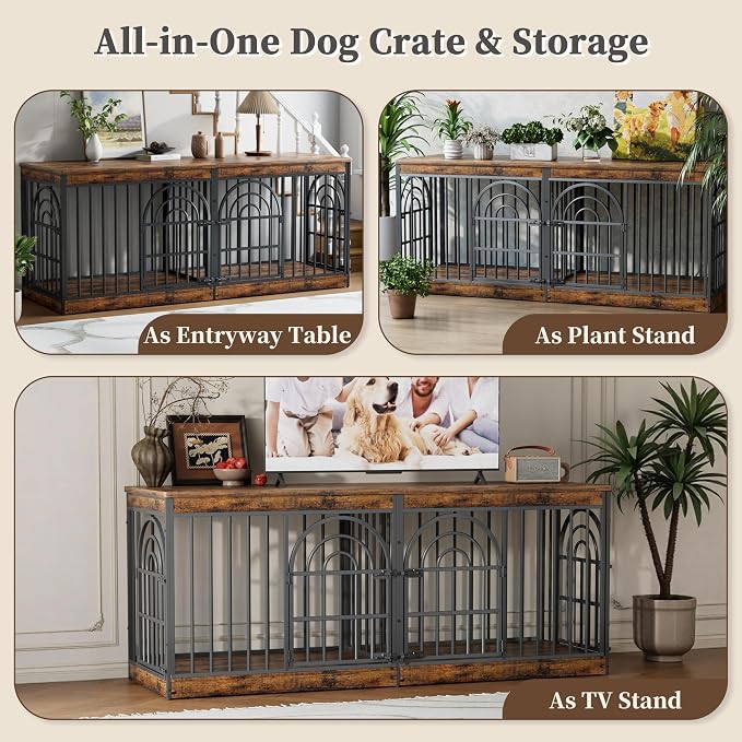 EasyCom 72" Wooden Double Dog Crate Furniture for 1-2 Dogs | Removable Divider, Retro Round Door, Fits Medium & Large Dogs, End Table TV Stand