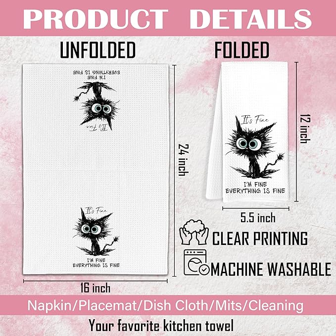Cat Hand Towels for Bathroom, It's Fine I'm Fine Everything is Fine Funny, Humor, Cat Kitchen Towels, Cat Towels for Cat Lovers Gifts, Black Cat Dish Towels Tea Towels for Kitchen, 16x24 Inch
