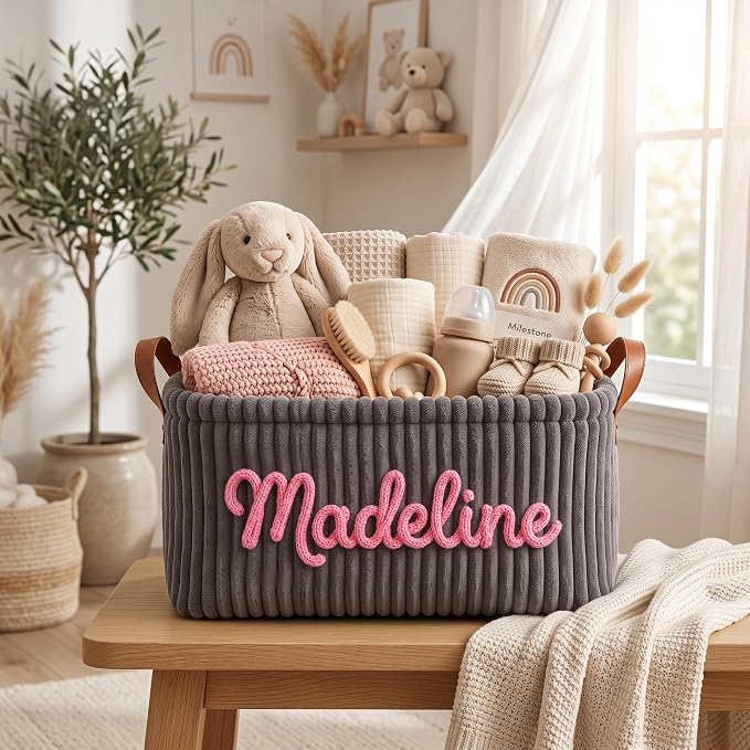Personalized Baby Basket with Name, Custom Baby Basket and Corduroy Nursery Storage Basket, Personalized Diaper Caddy, Baby Gift Basket Base