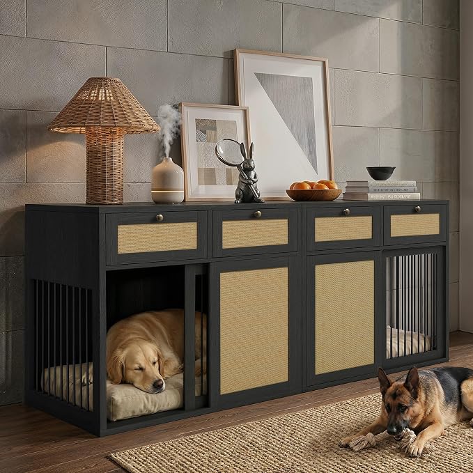 PureCozy 2-Piece Double Dog Crate Furniture, 80 Inch, Black Oak | Left and right kennels for 2 dogs with metal sliding doors, cane cabinets and 4 drawers; furniture-style indoor console.