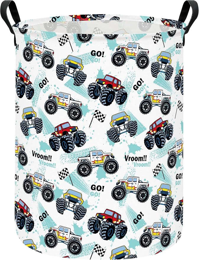 Monster Truck Fabric Storage Bin Nursery Organizer Basket | Organizer Bin Dirty Clothes Collapsible Waterproof for College Dorms, Boys and Girls Bedroom,Bathroom
