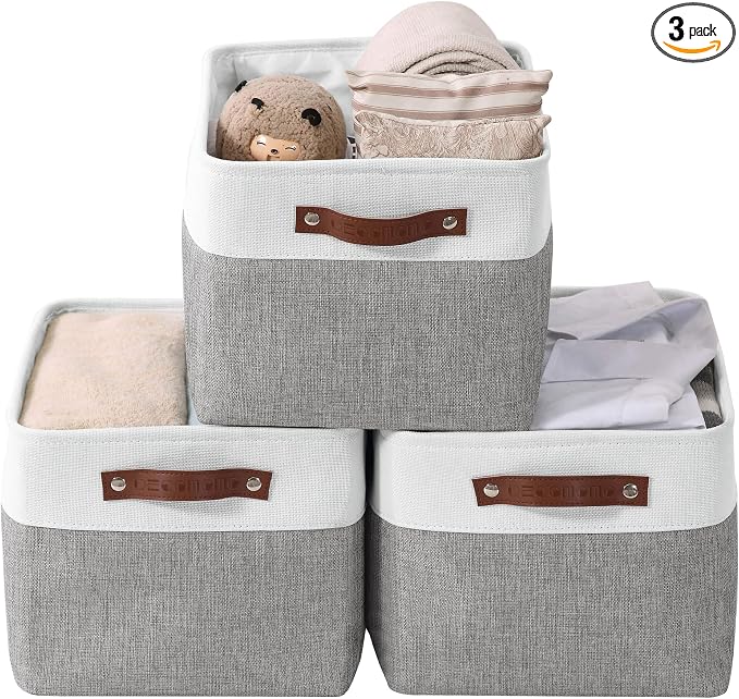 DECOMOMO Storage Bins, Large Fabric Storage Baskets for Shelves 3 Pack | 15 x 11 x 9.5 inches Decorative Linen Closet Organizers (Grey & White)
