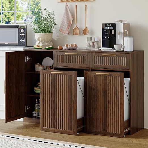 Double 13 Gallon Pull Out Trash Can Cabinet with Storage Cabinet,Walnut | Pet Proof Hidden Garbage Can Cabinet,3-Tier Shelves,Fluted Design,Extra Drawer Space,Kitchen & Dining Room Organization