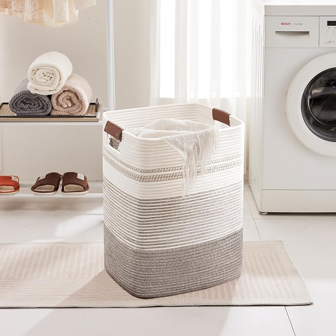 85L Tall Woven Laundry Basket Hamper with Leather Handles,DarkBrown | collapsible wicker hamper, storage for dirty clothes, toys, blankets, gifts, living room, bedroom, bathroom, 17"x14"x22"