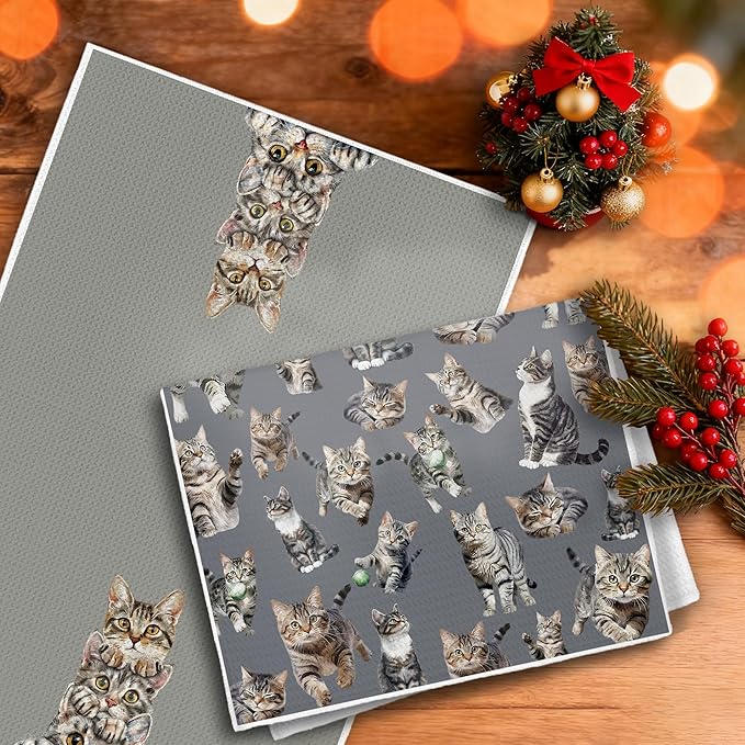 Tabby Cat Gifts Kitchen Towels, Cat Lover Gifts Dish Tea Towels, Cute Kitty Kitten Grey Brown Decorative Hand Towel for Bathroom, 16x24 Inch Set of 2
