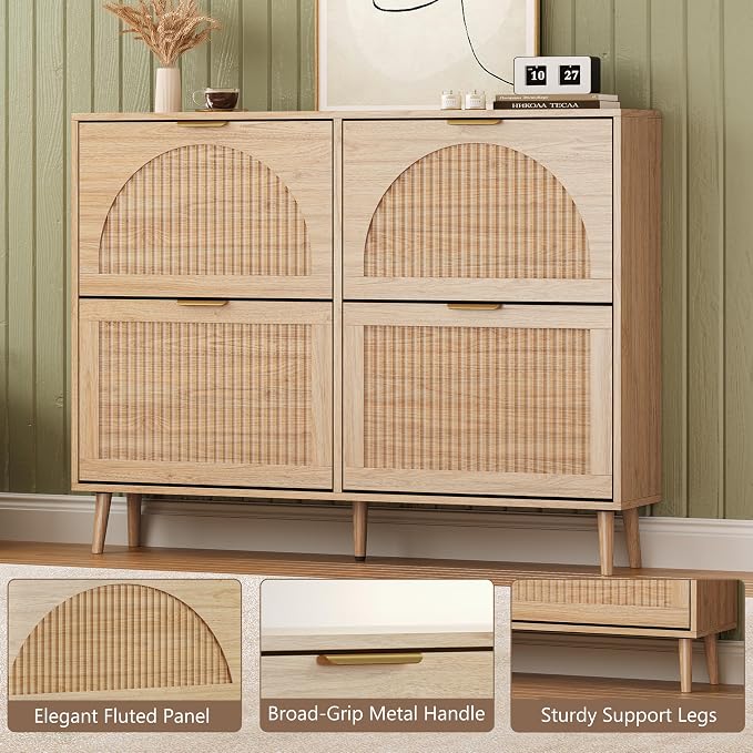 BORNOON Shoe Cabinet for Entryway with 4 Flip Drawers, Slim Wooden Shoe Storage Organizer with Modern Fluted Pannel，Freestanding Narrow Hidden Shoe Rack for Hallway, Foyer, Living Room