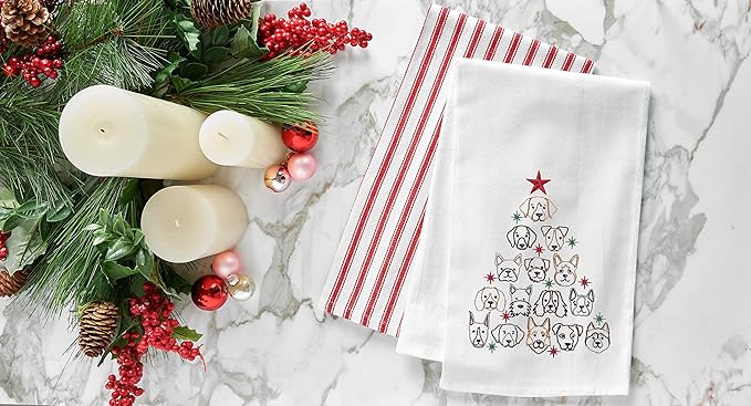 C&F Home Dog Faces Christmas Tree 100% Cotton Flour Sack Dishtowel Xmas Festive Winter Holidays Cute Home Kitchen Drying Dish Hand Towel Machine Washable Embroidered Decor Decoration 18" x 27" White