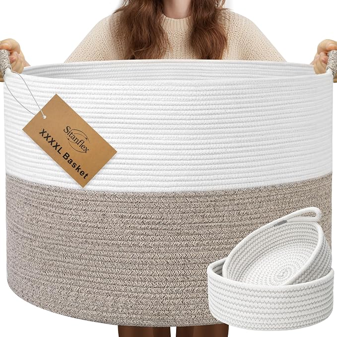 XXXXL 125L Extra Large Blanket Basket, 24.8" x 16" Jumbo Woven Basket (Includes 2 Cute Baskets), Cotton Rope Basket with Handle for Living Room, Baby Toys Nursery, Laundry, Home Decor (White/Brown)