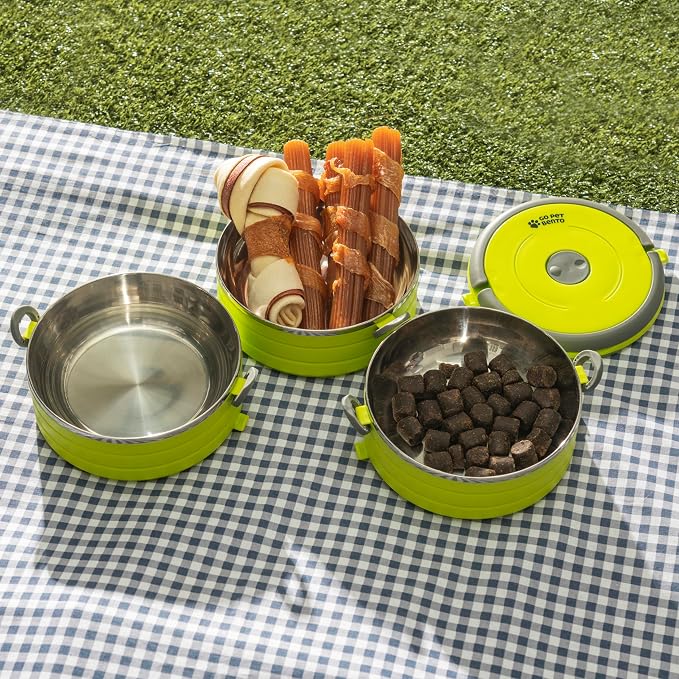Healthy Human Travel Pet Bento Bowls - Human-Grade Stainless Steel & BPA-Free, Leak-Proof Water & Food Container Set for Dogs & Cats, 3-Pack Interlocking Bowls, Includes Spare Clips & Handle (Green)