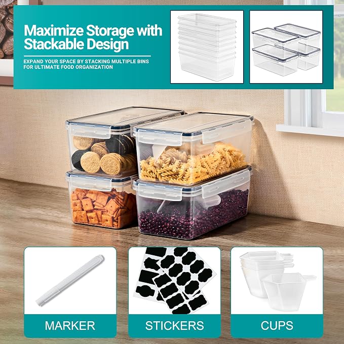 Sorbus Airtight Food Storage Containers, Plastic Pantry Bins (4 Pack) | Four-way snap lids keep cereal, pasta, flour, nuts and candy fresh; stackable construction fits cabinets and counters.