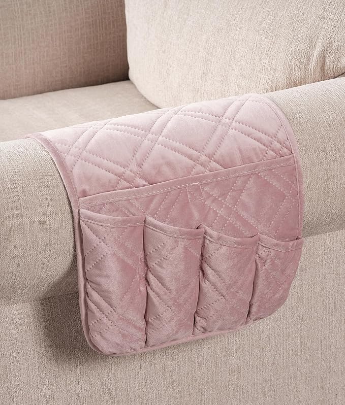 Brilliant Sunshine Silver Pink Velvet Velvet Couch Armrest Cover, 35"×13" | Washable Magazine Holder, Armrest Organizer & Caddy on Sofa, Recliner, Armchair, Storage for Remote Controls, Phone, iPad