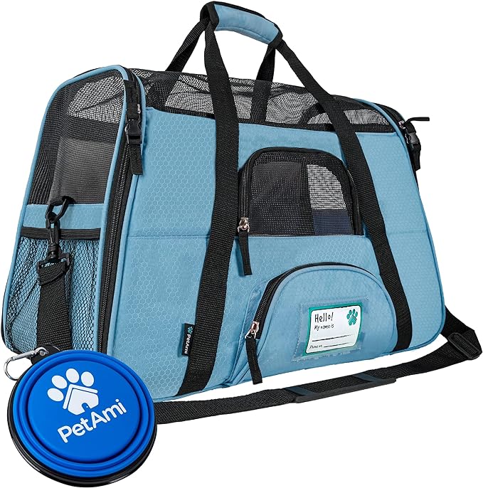 PetAmi Airline Approved Pet Carrier for Cats & Small Dogs, Large Light Blue | Soft Sided TSA Travel Bag, Sherpa Bed, Breathable Mesh Ventilation, Collapsible Bowl, Fits Under Seat, Up to 18 lbs