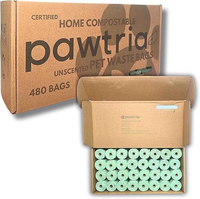 Pawtria Home Compostable Dog Poop Bag Rolls, 480 Bags, 32 Rolls | Leak-Proof Dog Poop Bags Made with Vegetable Starches, TÜV Austria Home Compost Certified, Easy Open Rolls