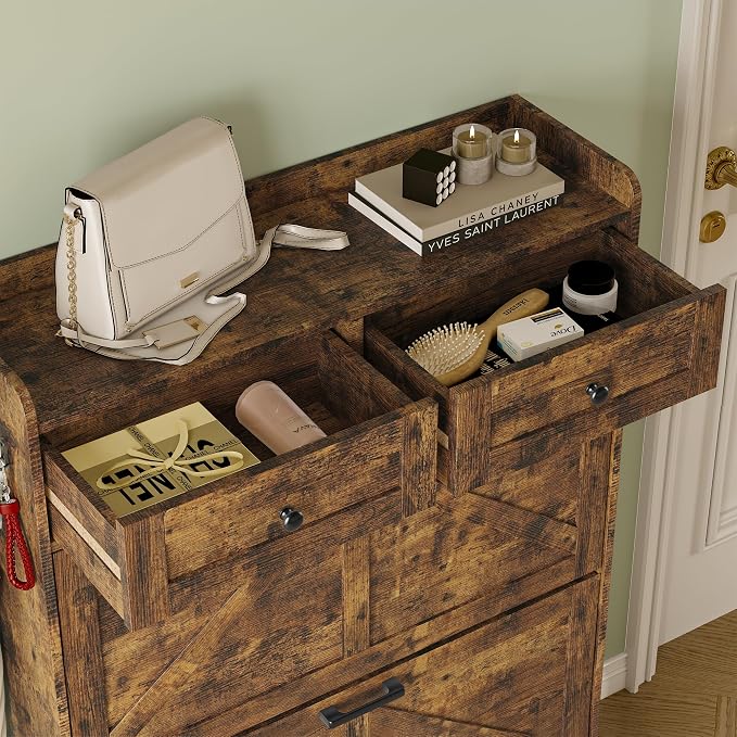 BORNOON Shoe Storage Cabinet for Entryway, Farmhouse Narrow Shoe Cabinet with 2 Flip Drawers & Top Drawers, Adjustable Shelves & Hooks, Freestanding Hidden Rack Organizer for Hallway, Foyer