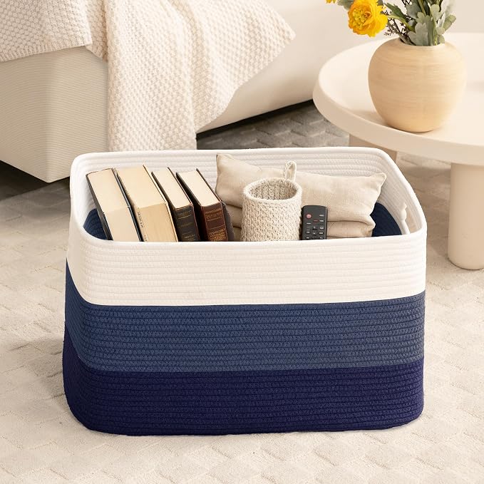 72L Large Woven Laundry Basket Hamper with Handles, Gradient Blue | collapsible wicker hamper, storage for dirty clothes, toys, blankets, gifts, living room, bedroom, bathroom, 22"x17"x12"