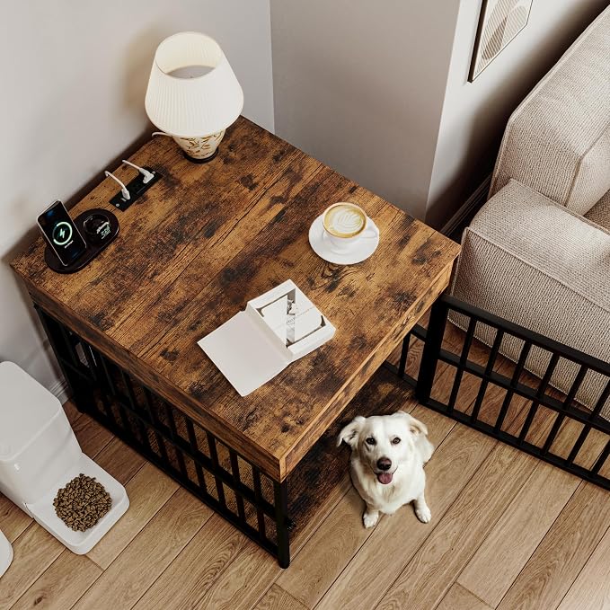 IRONCK Dog Crate Furniture for Small Dogs, Rustic Brown | Wooden Dog Kennel with Flip Top Drawer, Indoor Pet Crate End Table with Charging Station, Steel-Tube Dog Cage