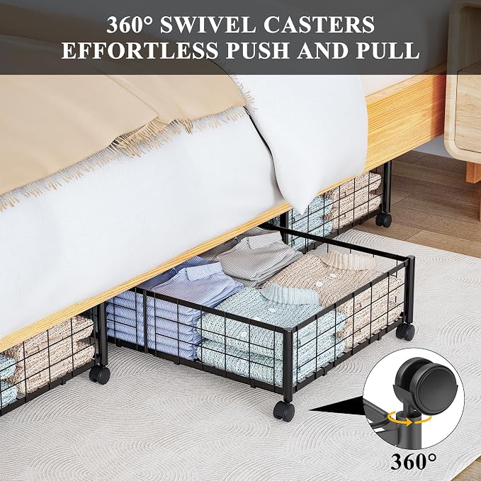 Hleelomi Under Bed Storage with Wheels, 360° Rotating, No-Assembly Underbed Storage Containers, 1 PACK