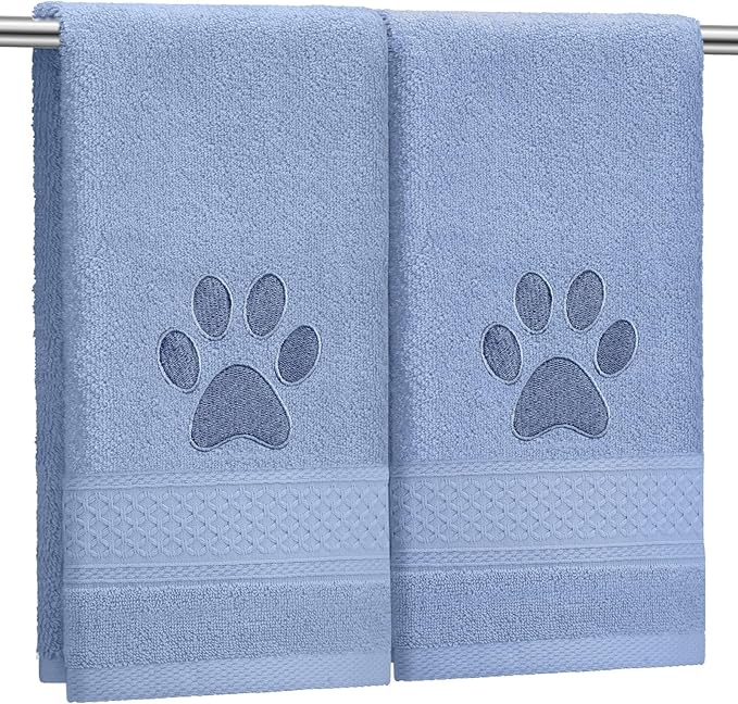SmoothNovelty 2 Pcs Dog Paw Hand Towels Blue Bathroom Decor 13 x 29 Inch 100% Cotton Embroidered Hand Towels Soft Absorbent Farmhouse for Kitchen Restroom