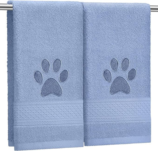 SmoothNovelty 2 Pcs Dog Paw Hand Towels Blue Bathroom Decor 13 x 29 Inch 100% Cotton Embroidered Hand Towels Soft Absorbent Farmhouse for Kitchen Restroom