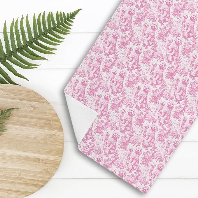 Nipi Pink Chinoiserie Golden Doodle Kitchen Towels, Pink Botanical Grandmillennial Dog Decorative Dish Tea Towels, Golden Doodle Gifts Hand Towels for Kitchen Bathroom Decor, 16x24 Inch