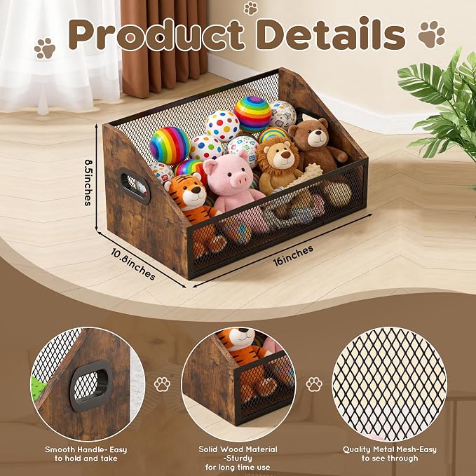 Piskyet Wood Dog Toy Bin, Dog Toy Box(Rustic Brown) | Wood Dog Toy Basket,Dogs Storage Organizer, Large Cat Toys Basket Box for Living Room Area Wooden Organizing Storage