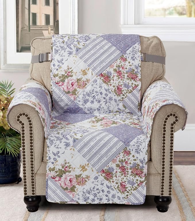 Brilliant Sunshine Rose Violet Floral Couch Armchair Cover, 23" seat | Quilted Sofa Cover, Living Room & Bedroom Furniture Protector, Washable Chair Slipcover for Pets, Dogs & Cats