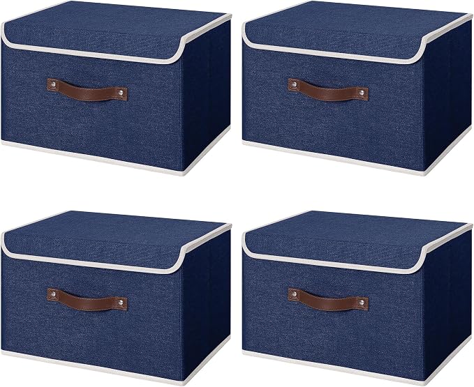 ANMINY Fabric Storage Box Bins with Lids, Blue, 15"x10"x10", 4 Pack | Keepsake Memory Storage, Cotton Linen, PP Board Reinforced, Washable, PU Handles, Foldable & Stackable, Decorative, Large