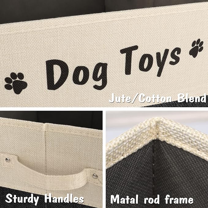 PET ARTIST Large Dog Toy Basket, Foldable Dog Toy Bin Box for Living Roon Area, Collapsible Storage Baskets with Comfortable Handles for Pet Coat,Accessories, Black, 15"x13"x12"