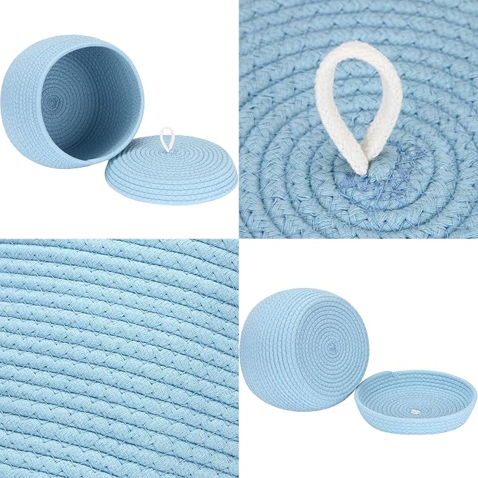 Sea Team Round Woven Cotton Rope Storage Basket with Lid, Blue | Lidded Knitted Decorative Storage Bin, Pot, Caddy, Organizer, Container for Snacks, Towels, Plants, 10 x 7.5 Inches