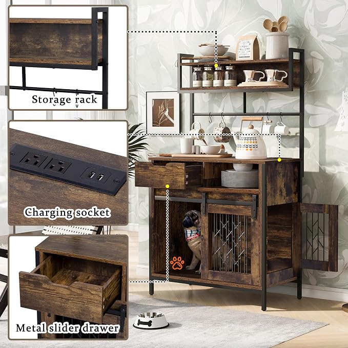 Furniture Style Dog Crate Desk Hutch, Multifunctional Pet Cabinet with Charging Station, Entryway Organizer, Rustic Brown 31.5"x16.5"x59.1"