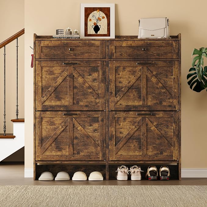 BORNOON Shoe Storage Cabinet for Entryway, Farmhouse Wide Shoe Cabinet with 4 Flip Drawers and 2 Top Drawers, Freestanding Organizer with Adjustable Shelves, Hooks, and Anti-Tip Kit for Hallway