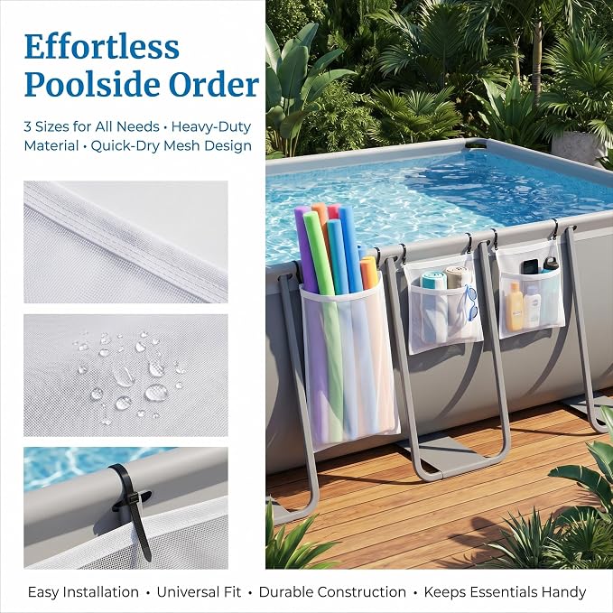 3 Pieces Pool Storage Set for Above Ground Pool Accessories, Hanging Pool Organizer Bags for Pool Noodles, Large Floats, Toys, Sports Balls, Towels & Beverages