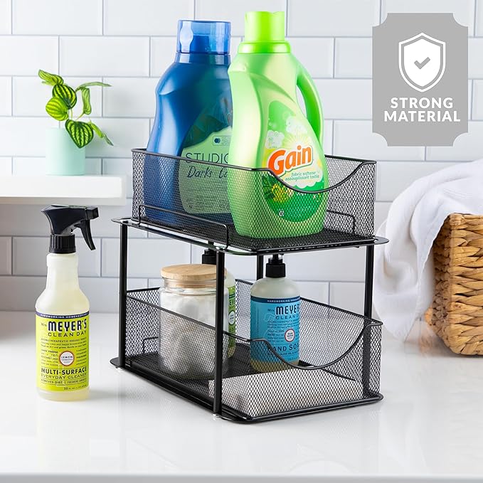 Sorbus Pull-Out Under Sink Organizer, Mesh Construction (Black, 2 Pack) | Two-tier metal organization with strong steel and sliding drawers for bathrooms, kitchens, cabinets, closets and pantries.