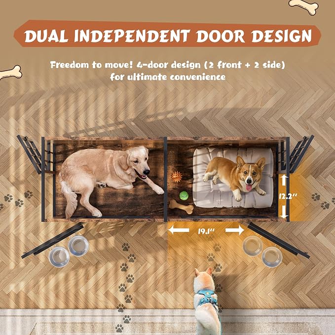 63'' Double Dog Crate Furniture, Wooden Dog Kennel with Removable Divider for 2 Dogs, XL Dog House Indoor with Rotating Bowl Holders, Heavy Duty Dog Crate TV Stand (62.9"L x 23.6"W x 27.9"H)