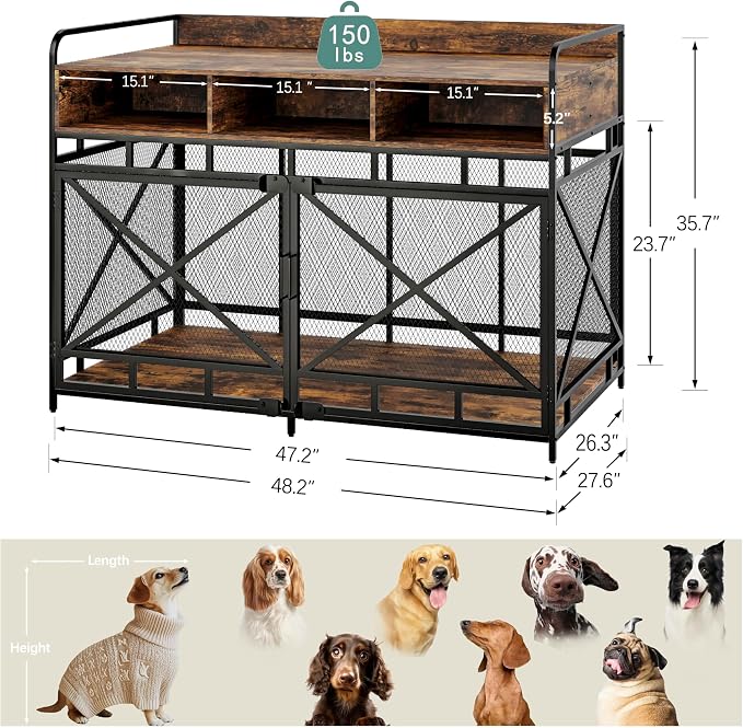 Fulhope Dog Crate Furniture, 48" Heavy Duty Wooden Dog Crate End Table, XL Dog Kennel Furniture Large Breed, Decorative Dog Kenne Indoor with 3 Drawers & Steel Tubes 48" L x28 W x36 H (Rustic Brown)
