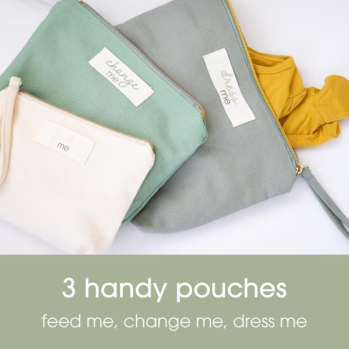 Pearhead Baby Diaper Bag Organizing Zipper Pouches, Set of 3 | Feed Me Change Me Dress Me, Recycled Cotton, Gender-Neutral New Mom Essentials, Zip Bags, Organized in Style