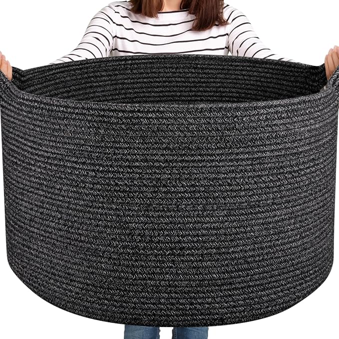 OIASKET Large Woven Baskets for Storage, 22.8" x 22.8" x 13" Blanket Storage Living Room, Baby Toy Basket for Clothes, Pillows, Towels, Shoe Basket for Entryway (Black)