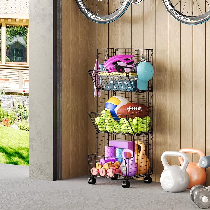 Sonyabecca 3 Tier Rolling Toy Organizer Cart with Wheels for Toy Storage | Outdoor toy storage basket and play kitchen organizer. Multi-purpose cart for snacks, books, pet supplies and home storage