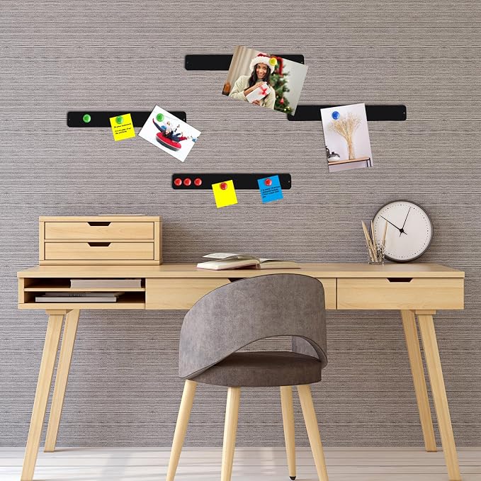 Outus 6 Pcs Magnetic Wall Strips 15" x 2", 48 Magnets, Black | Metal display strips for notes, photos and memos; ideal for office, home, classroom and workspace.